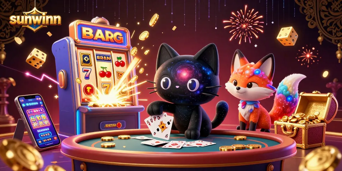 Experience the excitement of sunwinn as the black hole cat attracts golden casino chips in a cosmic gaming scene.
