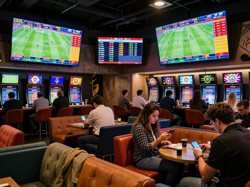 Fans engaging in sports betting at Nowgoal, analyzing stats and odds in a vibrant lounge