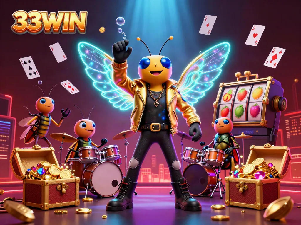 Experience the vibrant world of 33WIN with a cicada rock star, beetle drummer, and rich casino elements in lively illustration.