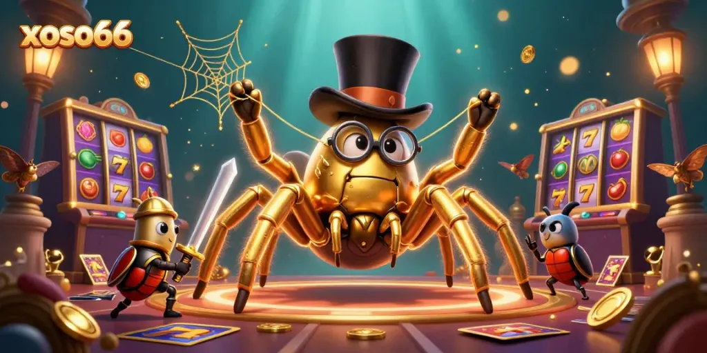 Experience the thrill of xoso66 with golden slots and vibrant casino characters in this dynamic 3D scene.