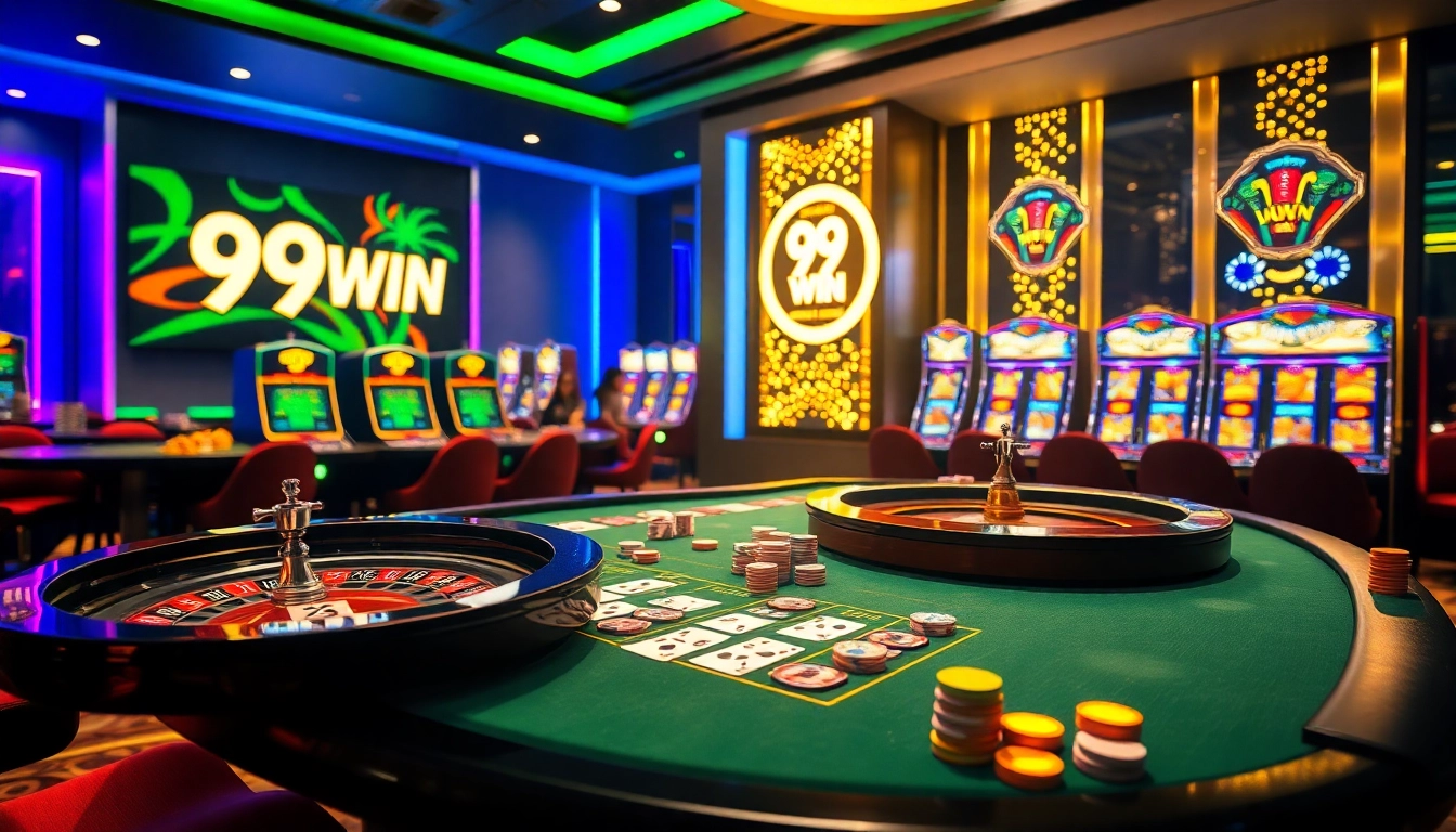 High-stakes game at 99WIN casino featuring roulette and poker chips.