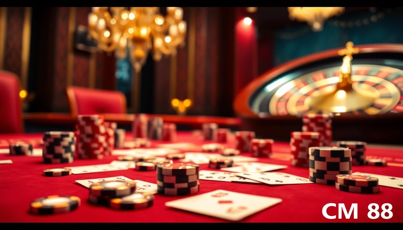 Winning at CM 88 casino, players enjoying card games with vibrant chips and ambiance.