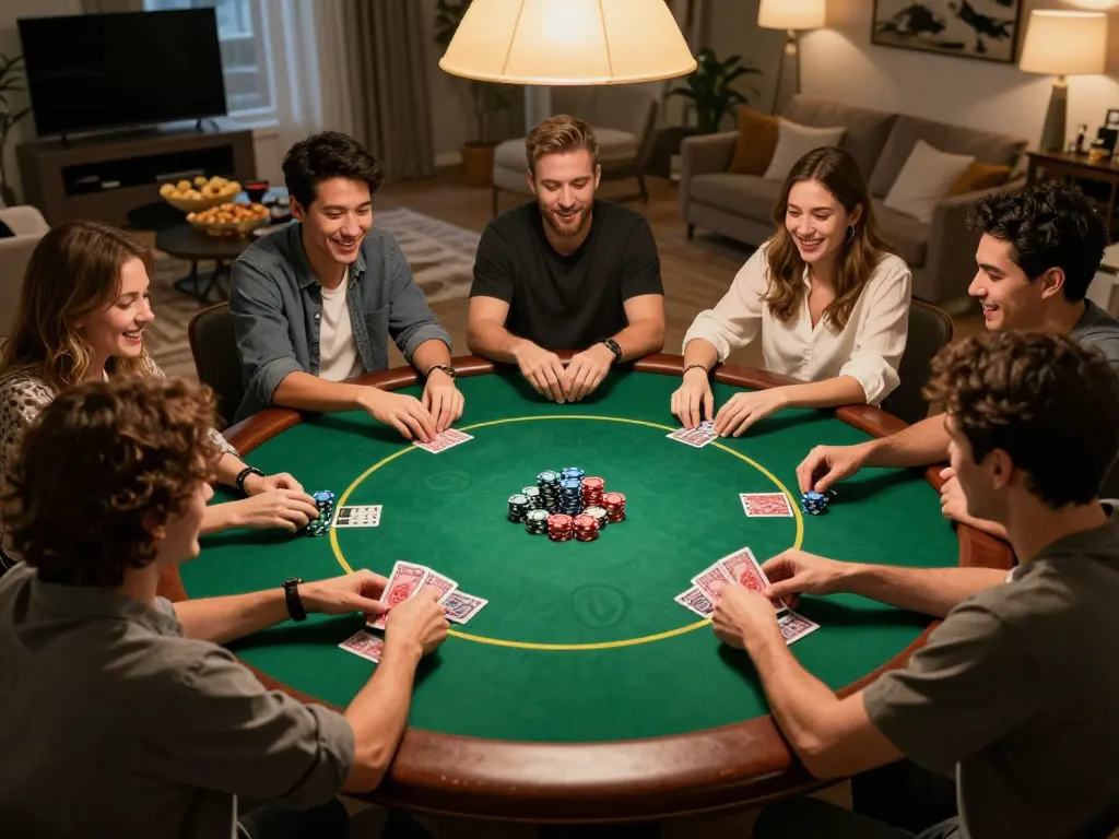 Friends strategizing and playing poker during a cozy home game night with b52-themed decor.