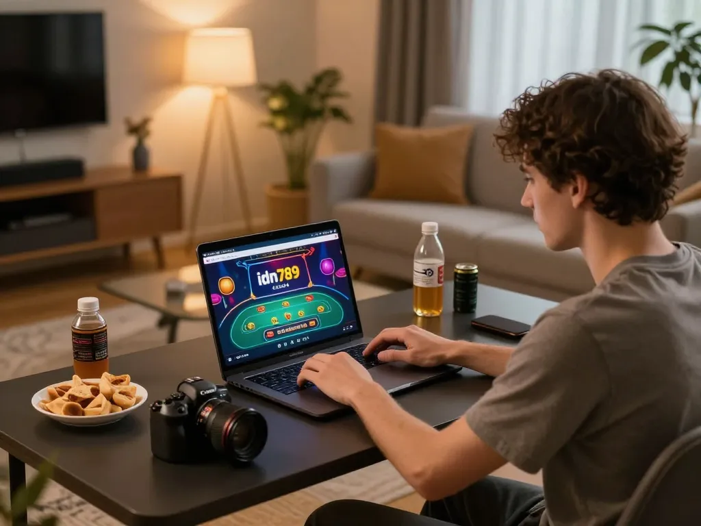 Pemain terlibat dengan platform kasino online idn789 dari rumah, menampilkan suasana permainan yang semarak.