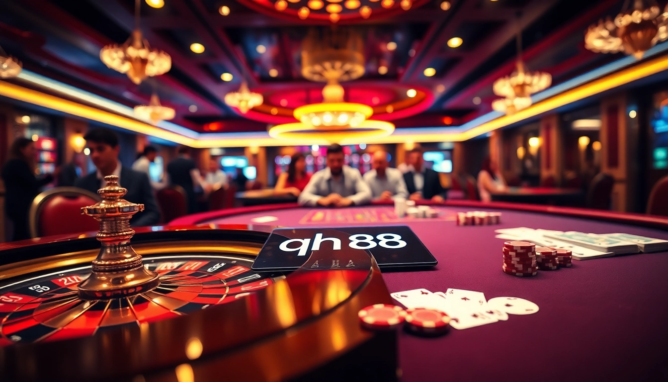 The vibrant gaming table at qh88 with roulette, poker chips, and cards creating an inviting atmosphere.