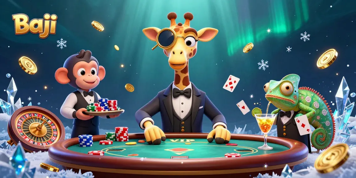 Baji showcases an exciting casino scene with a giraffe at the poker table and a monkey valet, highlighting thrilling gaming action.