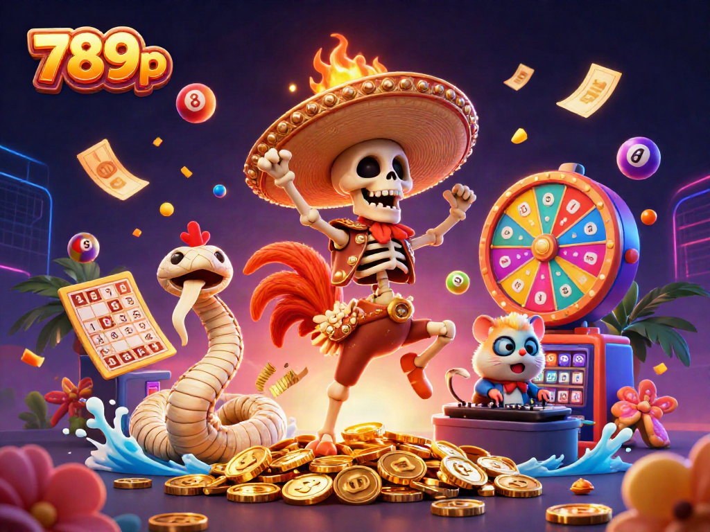 Experience the thrill of winning at 789p with a vibrant, lively 3D casino illustration of fun characters celebrating around exciting gaming elements.