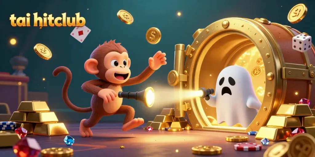 Experience the thrill of tai hitclub in this lively illustration with a mischievous monkey and a curious puppy in a haunted casino.