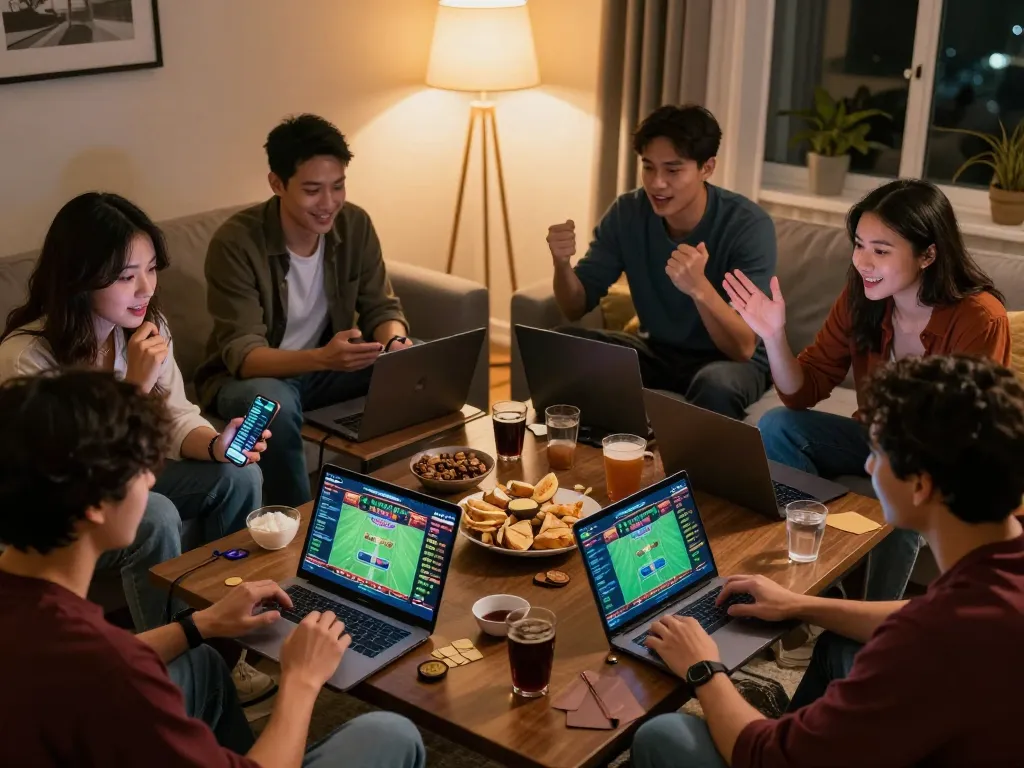 Friends placing bets using their smartphones while enjoying a cozy home gaming night, engaging with du 88.