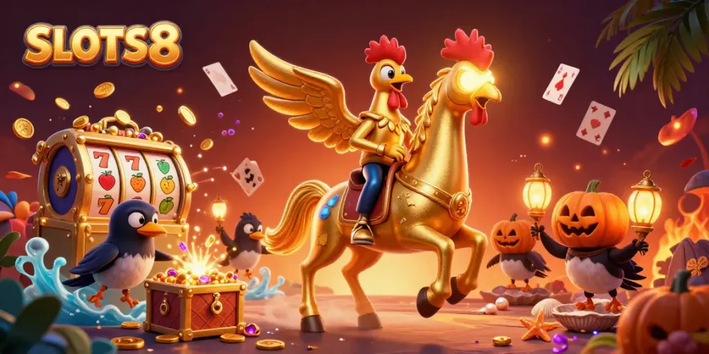 Engage with SLOTS8 in a vibrant casino scene featuring a golden rooster riding a spectral horse amid glowing slot reels.
