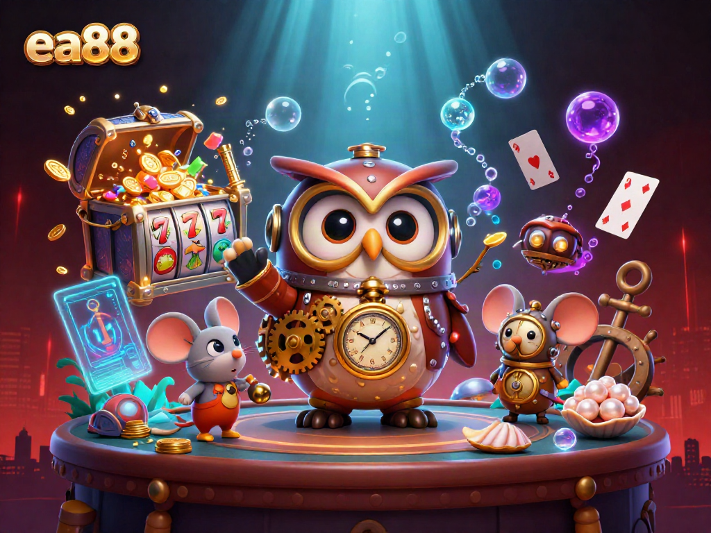 Spin to win at ea88 with a lively scene of steampunk casino characters and gaming elements!
