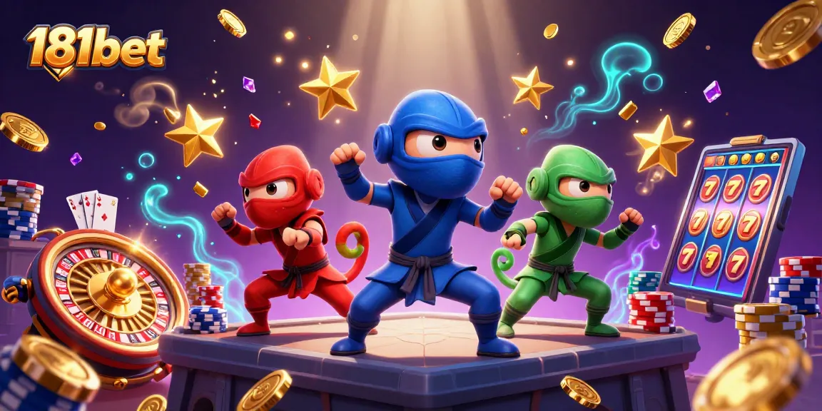 Experience thrilling gaming with 181bet as ninja chameleons celebrate a jackpot, surrounded by vibrant casino elements.