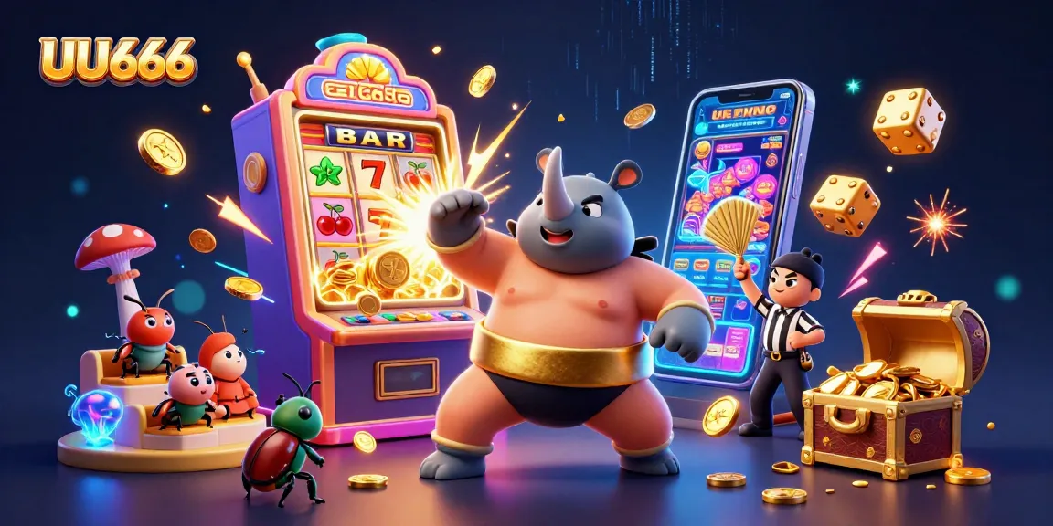 Experience the thrilling action of UU666 with a vibrant illustration of a sumo champion and slot machine extravaganza.