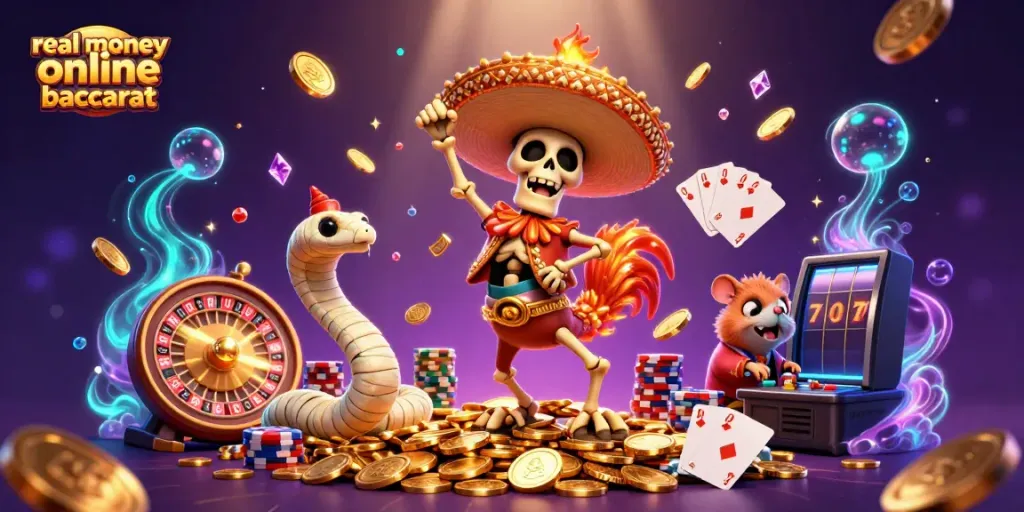 Experience real money online baccarat with dynamic 3D casino illustrations and vibrant gaming elements.