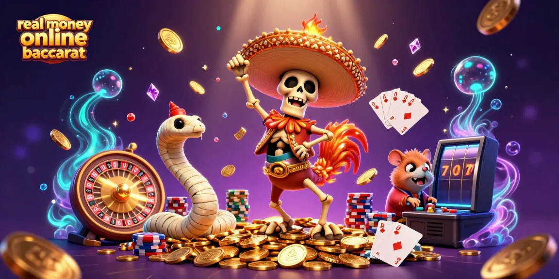 Experience real money online baccarat with dynamic 3D casino illustrations and vibrant gaming elements.