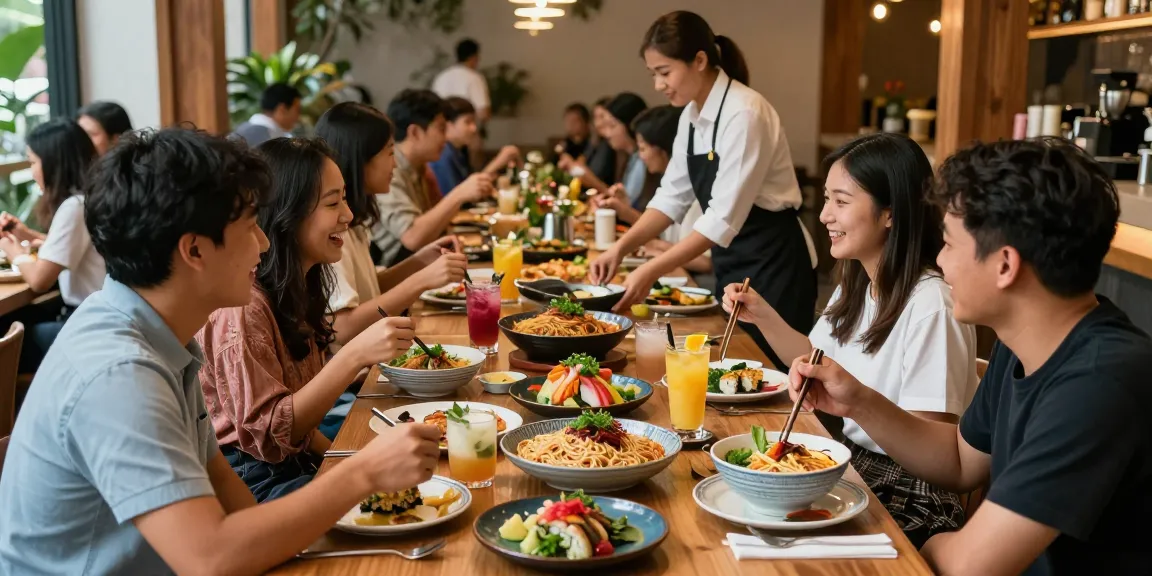 Friends enjoying food at RED88 Asian fusion restaurant, vibrant dishes and cheerful atmosphere.