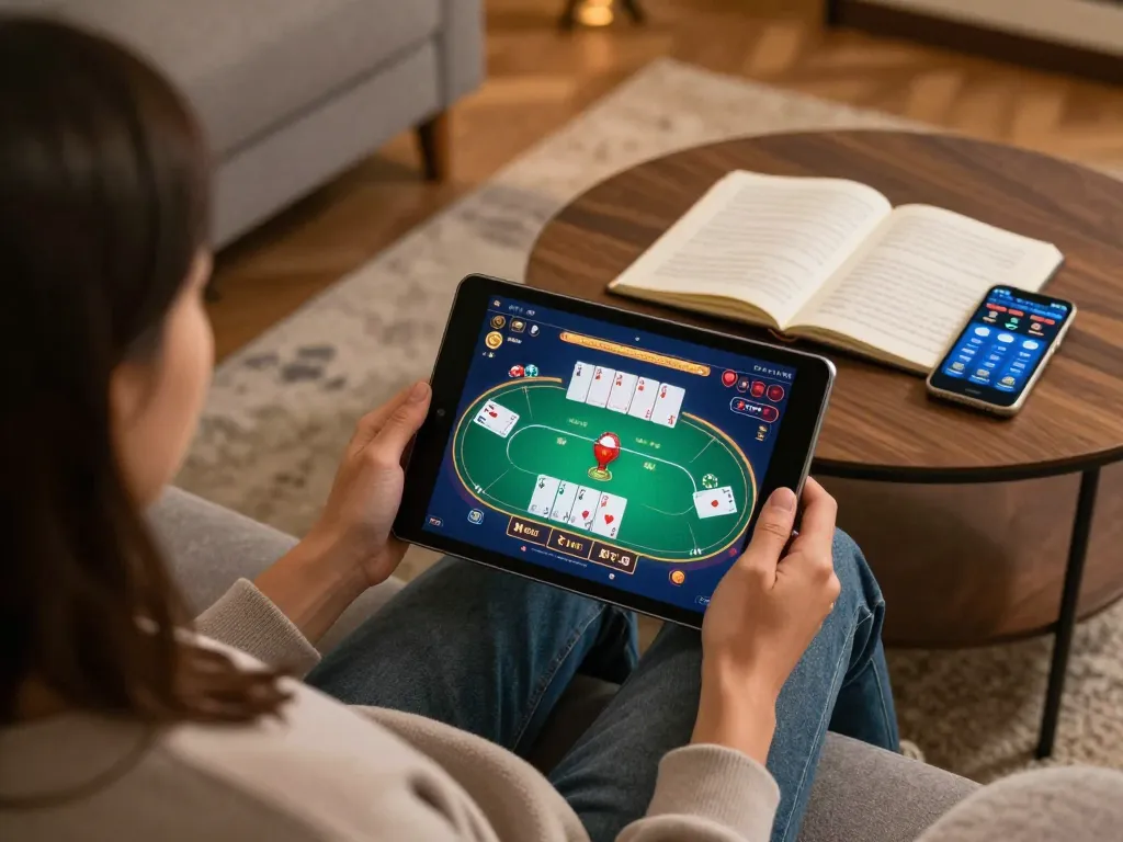 LU88 player engaged in online gaming at home with vibrant poker interface displayed, showcasing a strategic betting atmosphere.