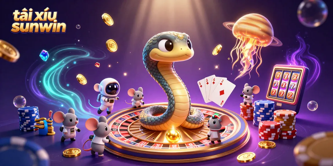 Engaging 3D illustration of tài xỉu sunwin with a Saturn ring snake and cosmic dealer, showcasing vibrant casino elements.