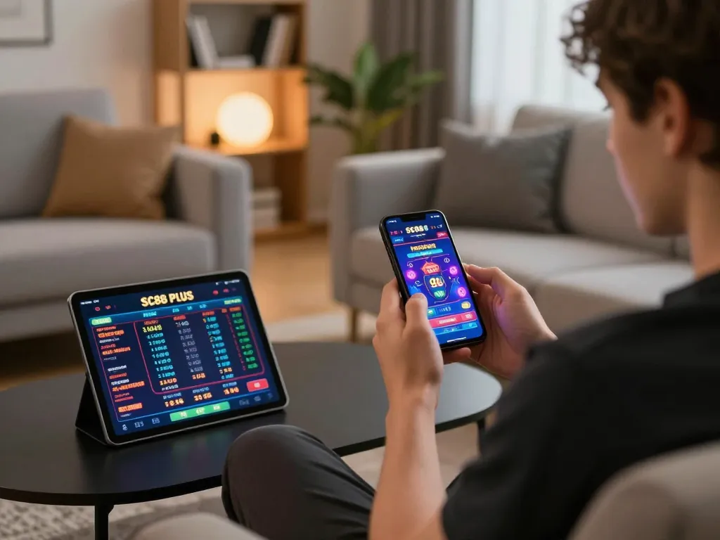 Engaging with SC88 Plus app during a cozy gaming session at home