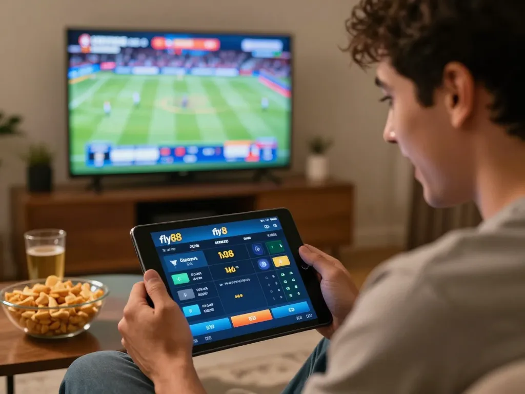 Engaged player using fly88 for live sports betting analysis in a cozy home setting