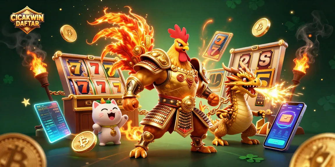 CICAKWIN DAFTAR showcases a vibrant 3D casino illustration with a rooster warrior, dragon hatchling, and exciting slot gaming elements.