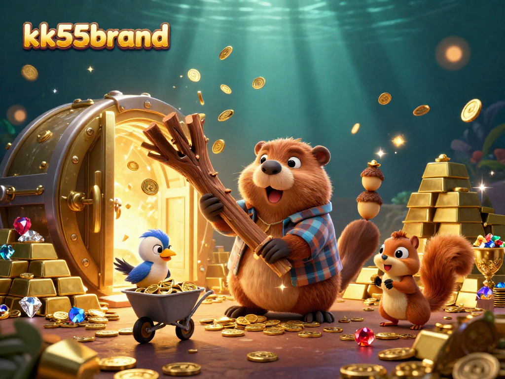 Engage with kk55brand's gaming experience amidst a vibrant treasure-filled scene.