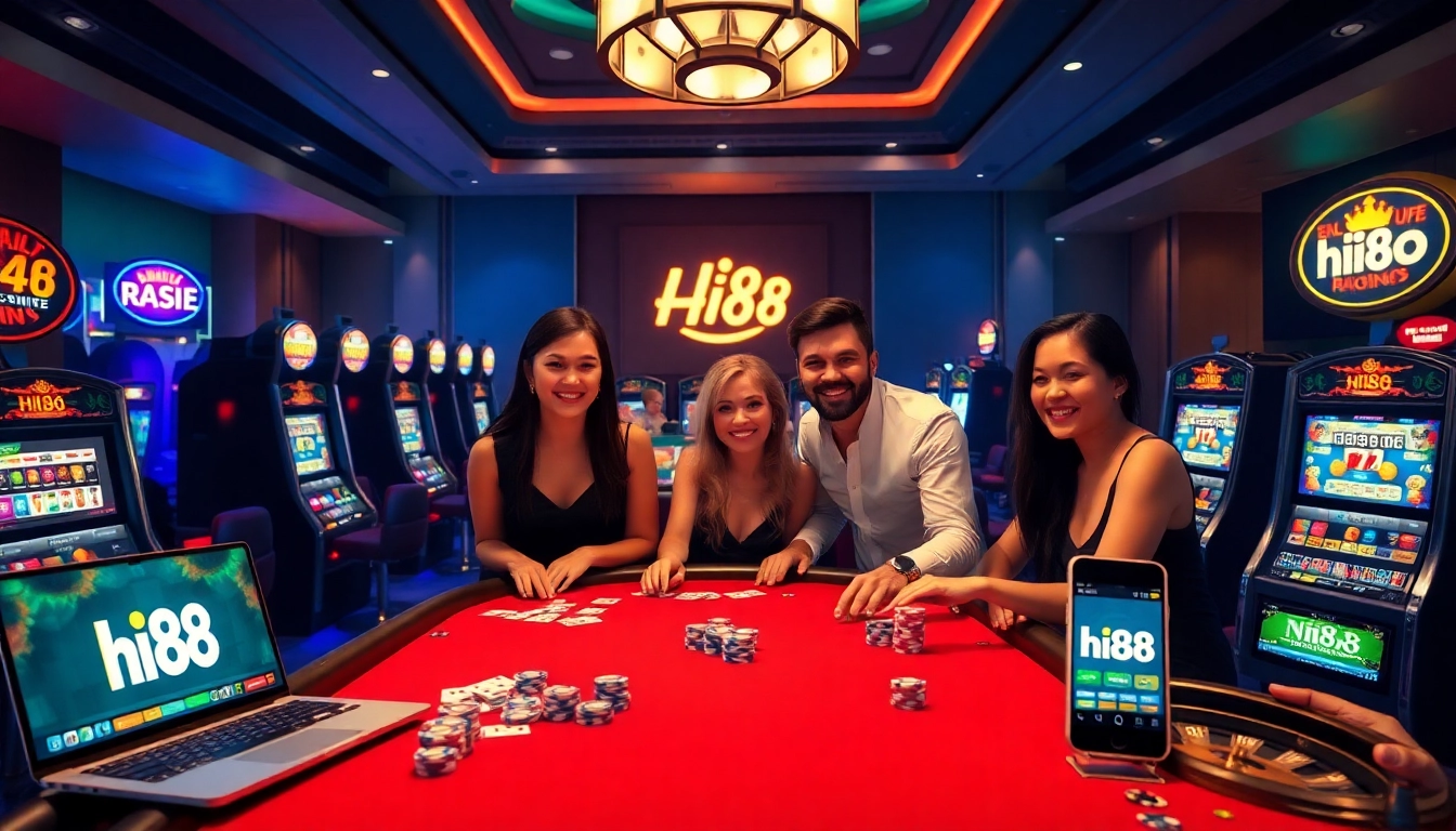 Players enjoying Hi88 casino games at a vibrant poker table filled with chips and cards.