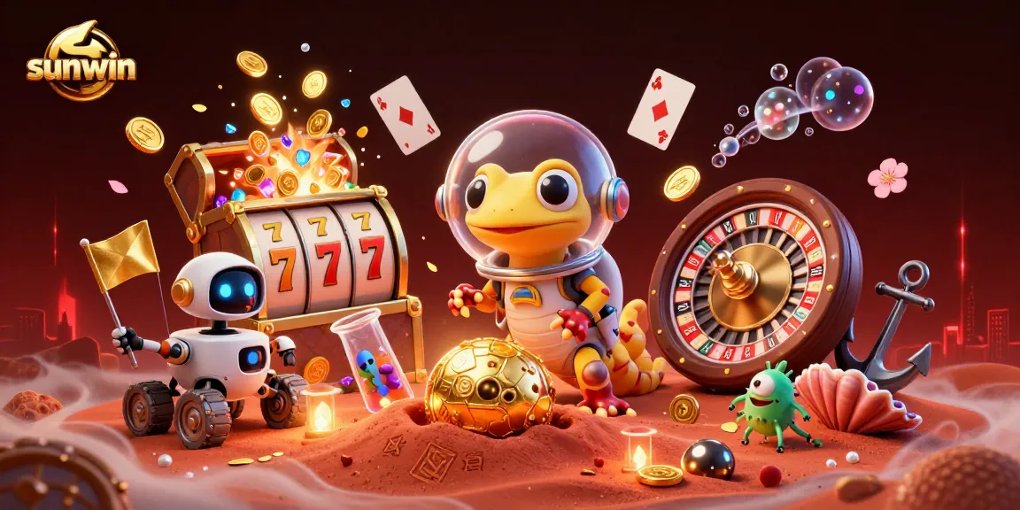 Experience thrilling slots action with sunwin's Martian gecko exploring a golden casino illustration.