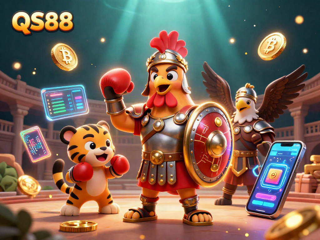 Engage with QS88's casino adventures through a vibrant depiction of a gladiator rooster, gaming elements, and dynamic action.