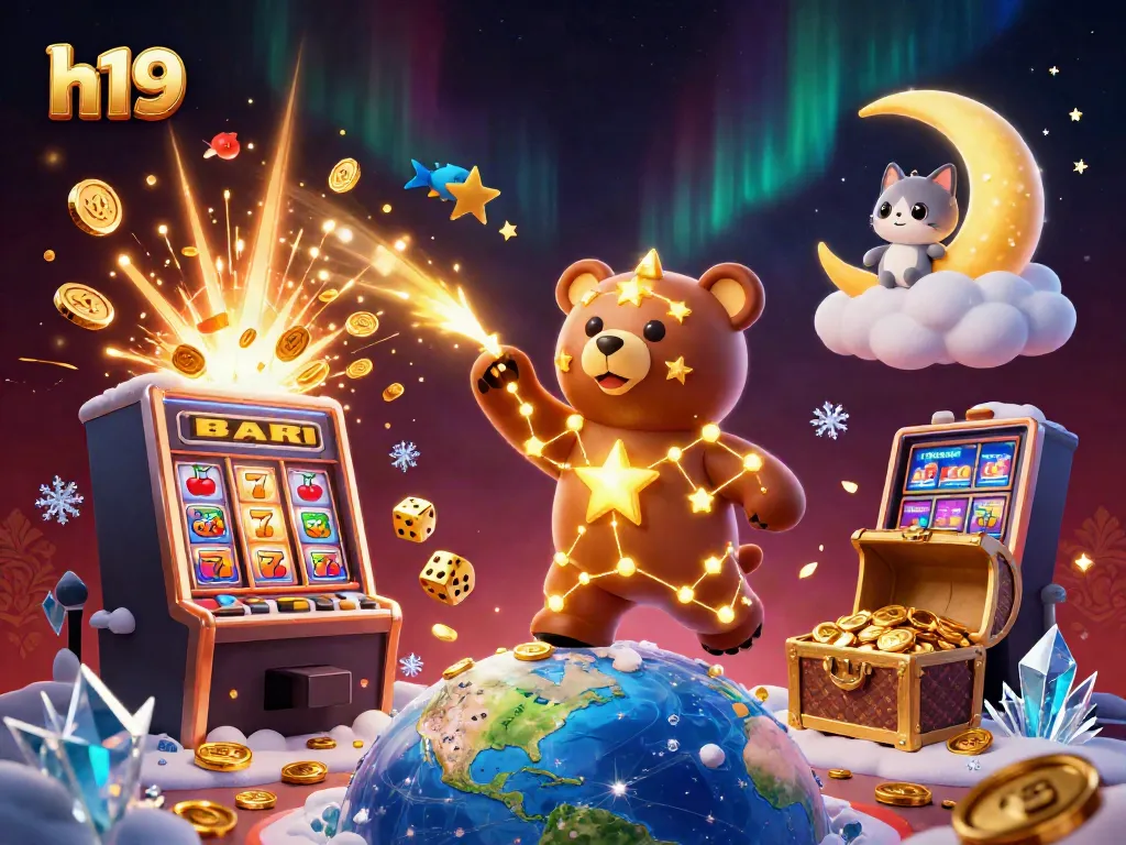 Experience thrilling wins at h19 with a colorful 3D illustration of a constellation bear and jackpot excitement