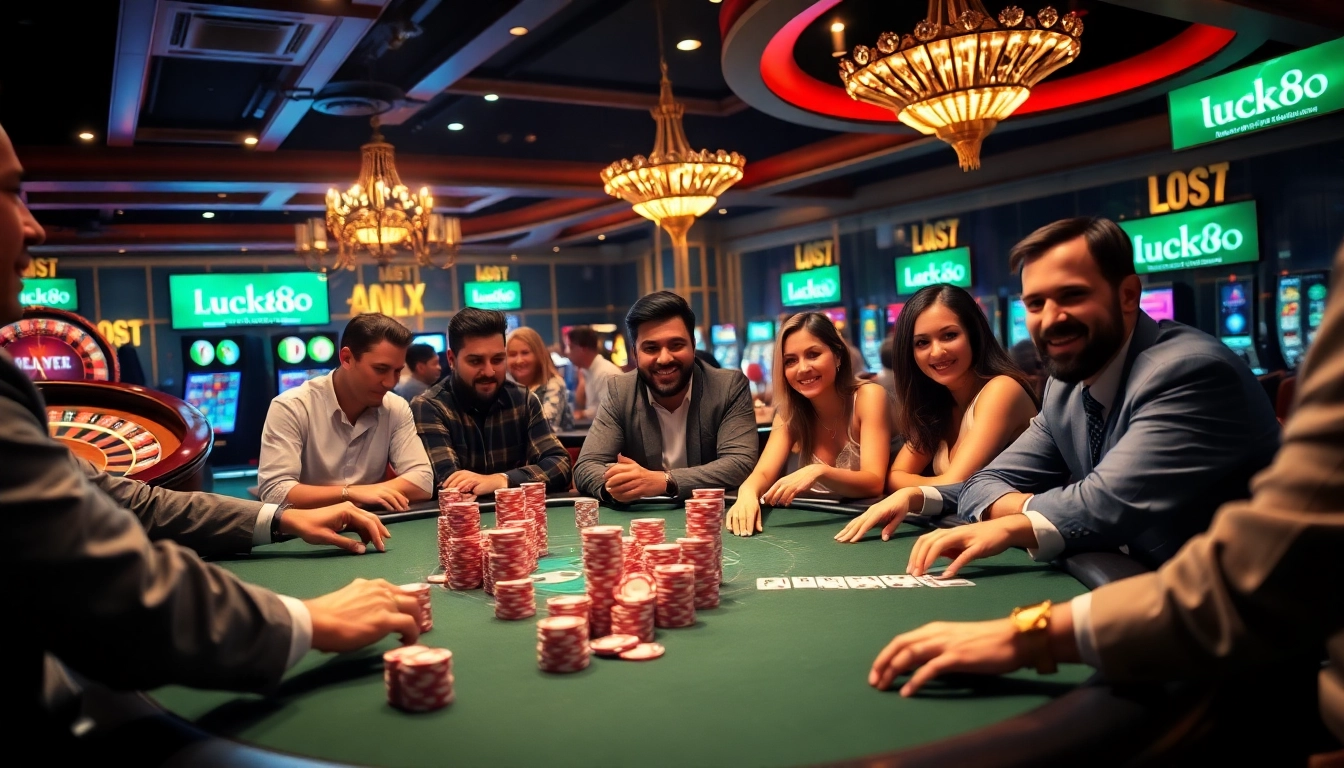 Players engaged in a high-stakes poker game at Luck8 casino with vibrant colors and luxurious decor.