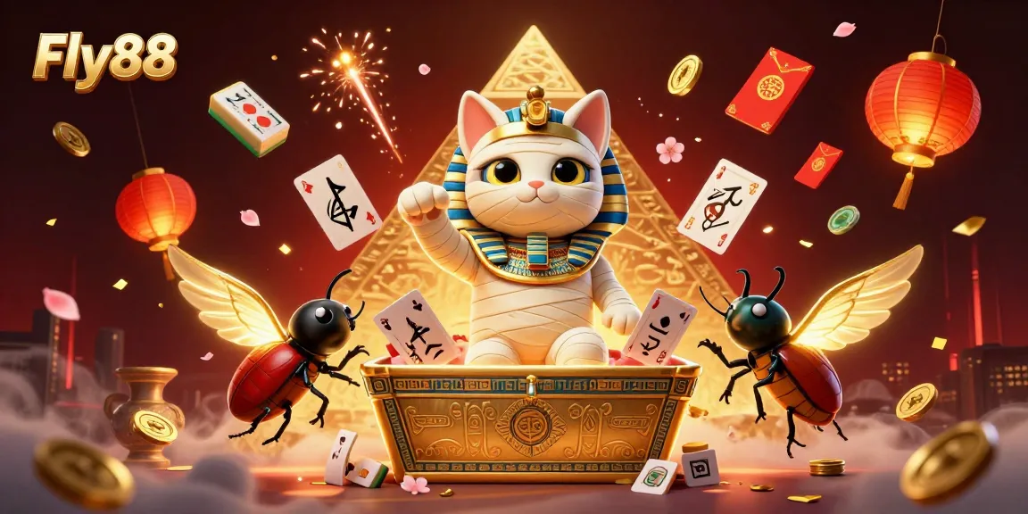 Experience the excitement of Fly88 with a vibrant pyramid casino featuring a mummy cat and golden scarab.