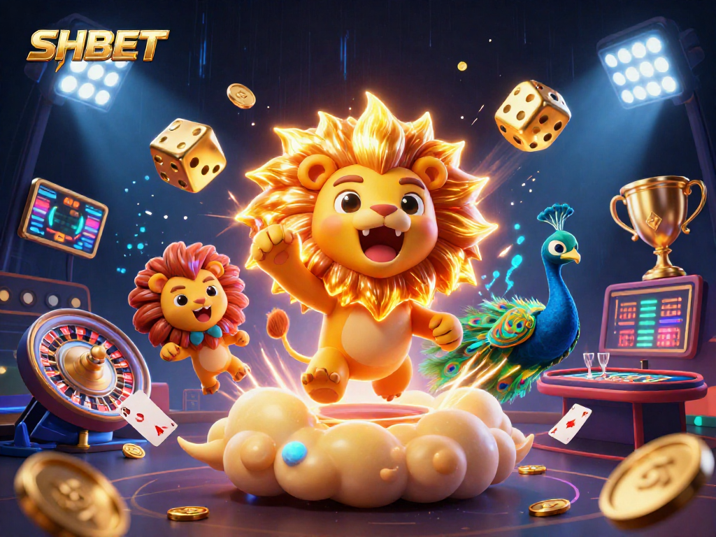 SHBET offers an exciting live casino experience with a vibrant lion, golden dice, and dynamic game elements.