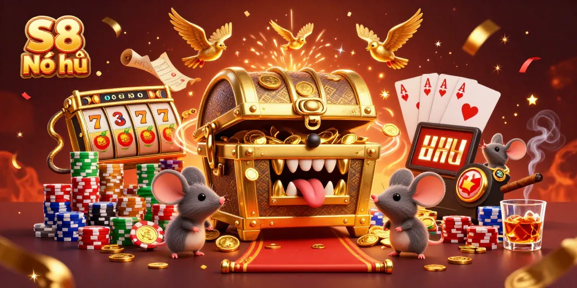 S8 Nổ hũ captivates players with thrilling slot reels and jackpot excitement in a vibrant gambling illustration.