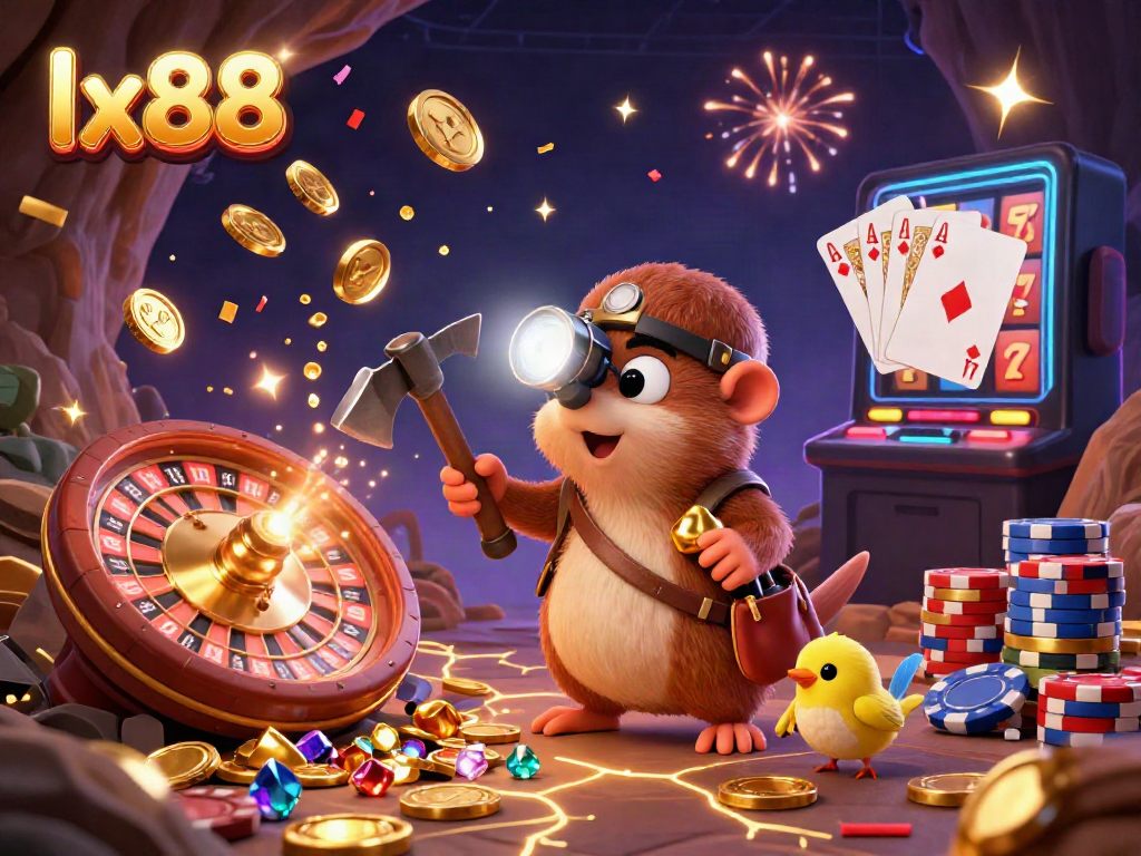 Lively scene depicting lx88's treasure hunter mole uncovering riches in a vibrant casino setting with coins and cards