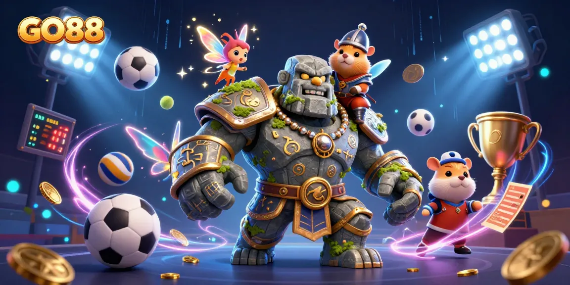 Experience the excitement at GO88 with a thrilling scene of a golem, fairy, and hamster knight
