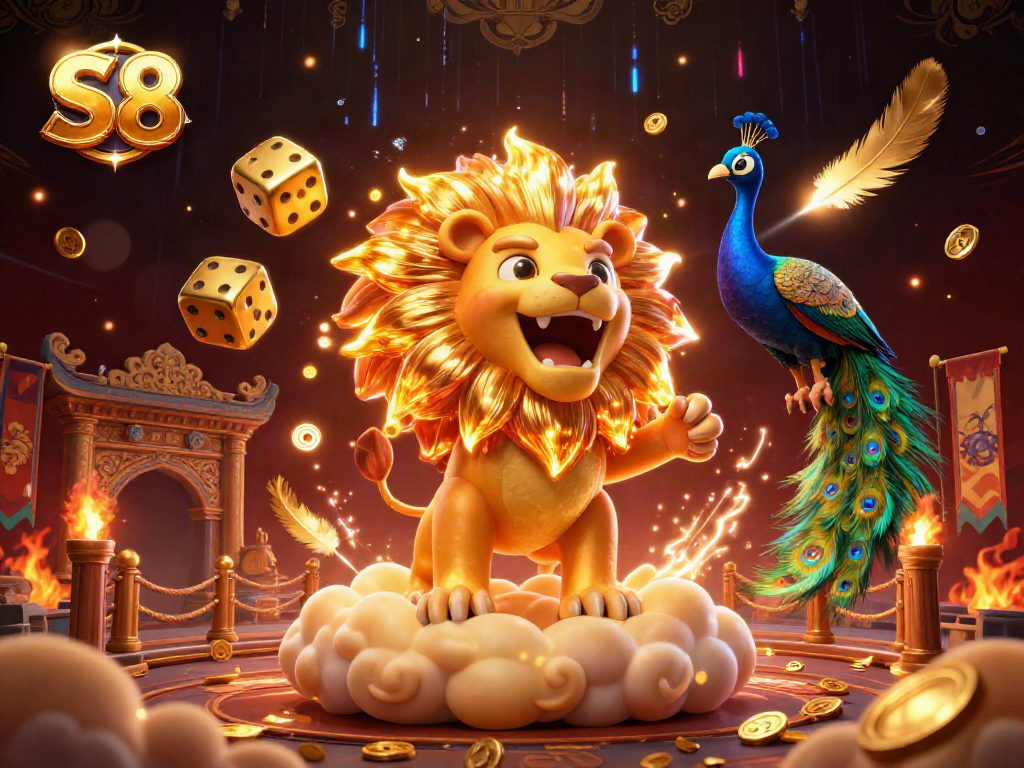 Engage in thrilling S8 casino games featuring a roaring sun lion and golden dice in an exciting gaming atmosphere.