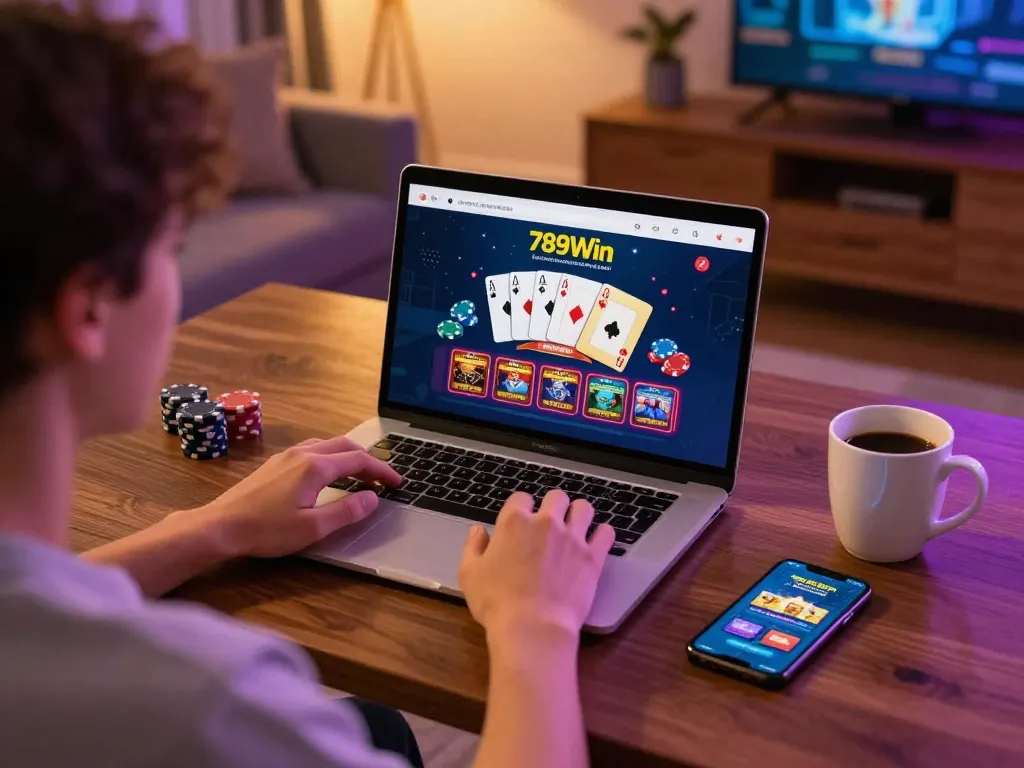 Engaging with the 789Win online casino on a cozy laptop setup while enjoying an inviting atmosphere.