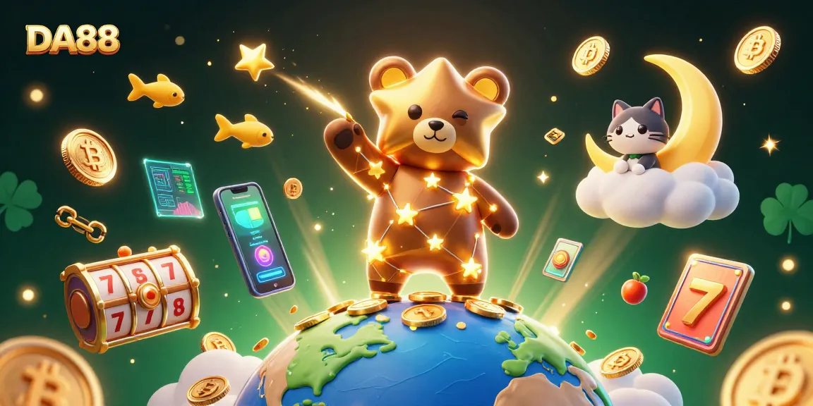 Engage in thrilling DA88 jackpot adventures while a constellation bear collects coins amidst vivid casino elements.