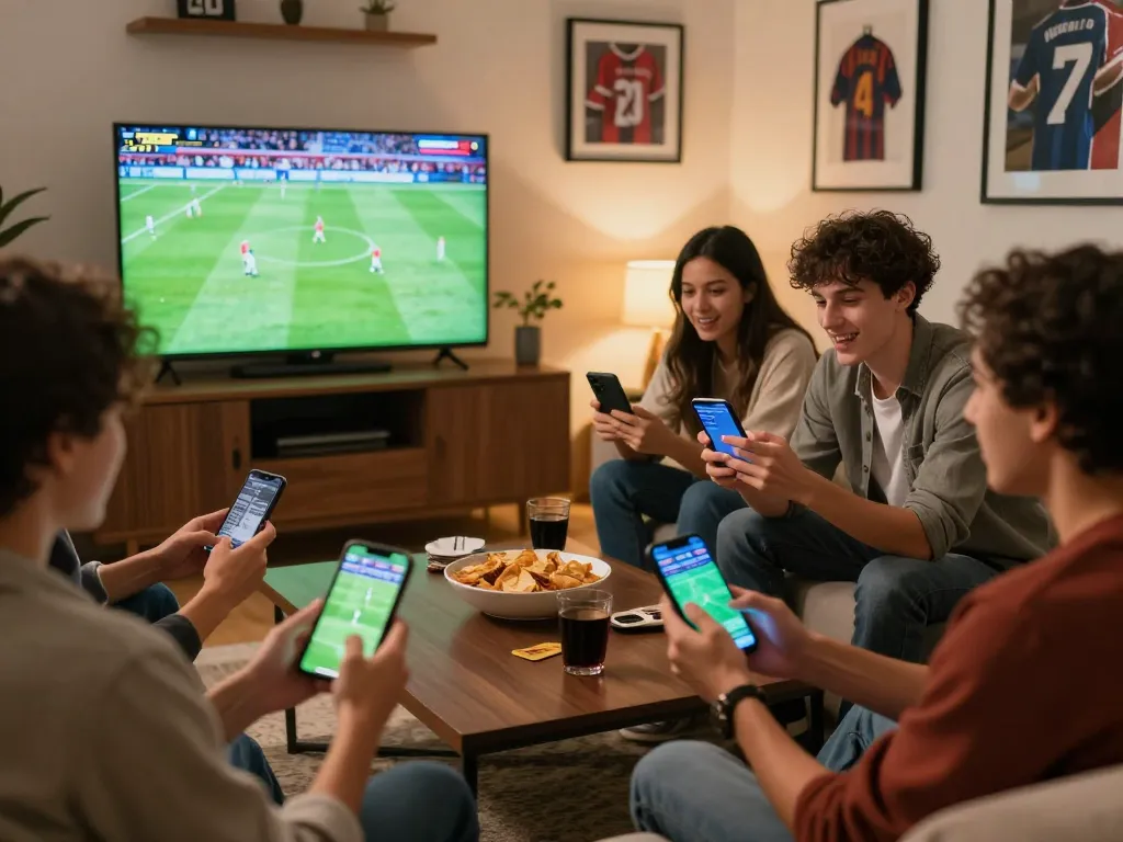 Engaged friends analyzing kèo nhà cái while enjoying vibrant sports betting atmosphere at home.