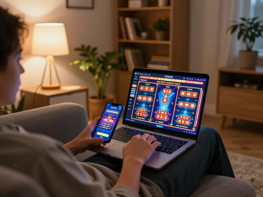 Engaging in fast payout casino Australia gaming from home with modern laptop setup and cozy ambiance.