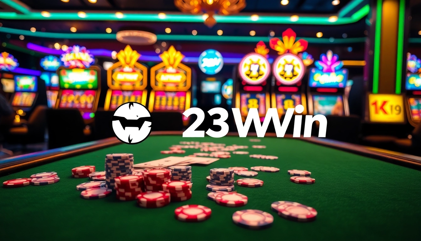 Exciting poker scene at 23Win casino with colorful chips and vibrant cards.