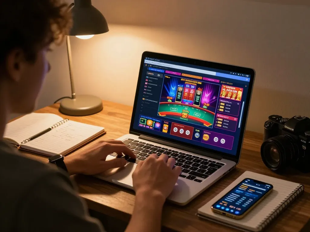 Player engaging with casino games on laptop, showcasing 98win9 user-friendly interface and strategic gaming notes.