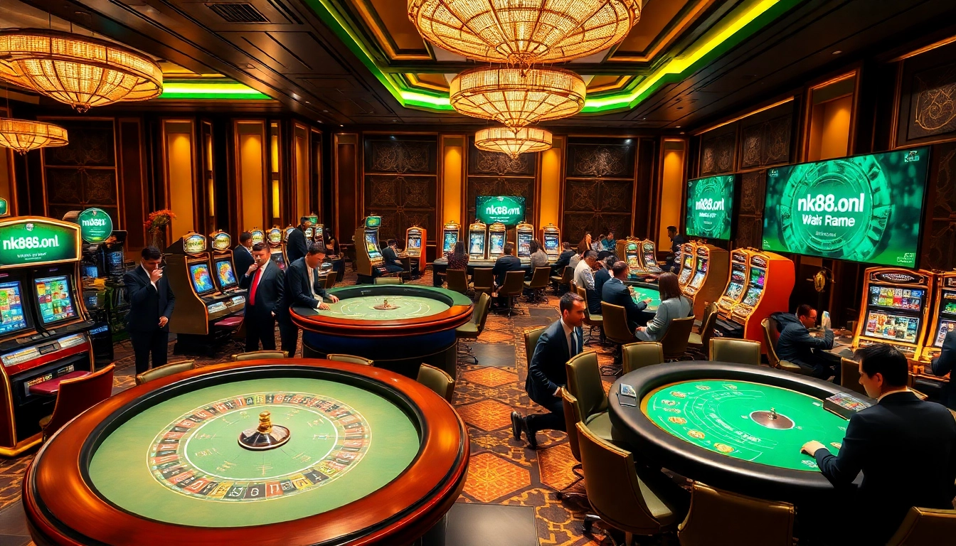 NK88.onl showcases high-stakes poker action in a luxurious casino atmosphere with excited players.