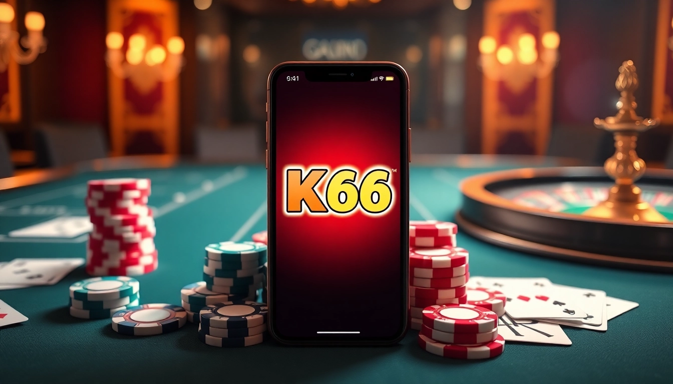 Ứng dụng KO66 được hiển thị trên một chiếc smartphone giữa những chip poker và bánh xe roulette trong một bối cảnh sòng bạc.