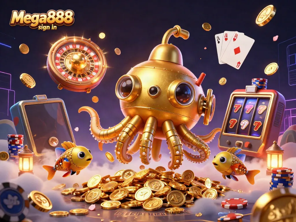 Engage in the Mega888 sign in process surrounded by vibrant casino elements in a thrilling online gaming atmosphere.