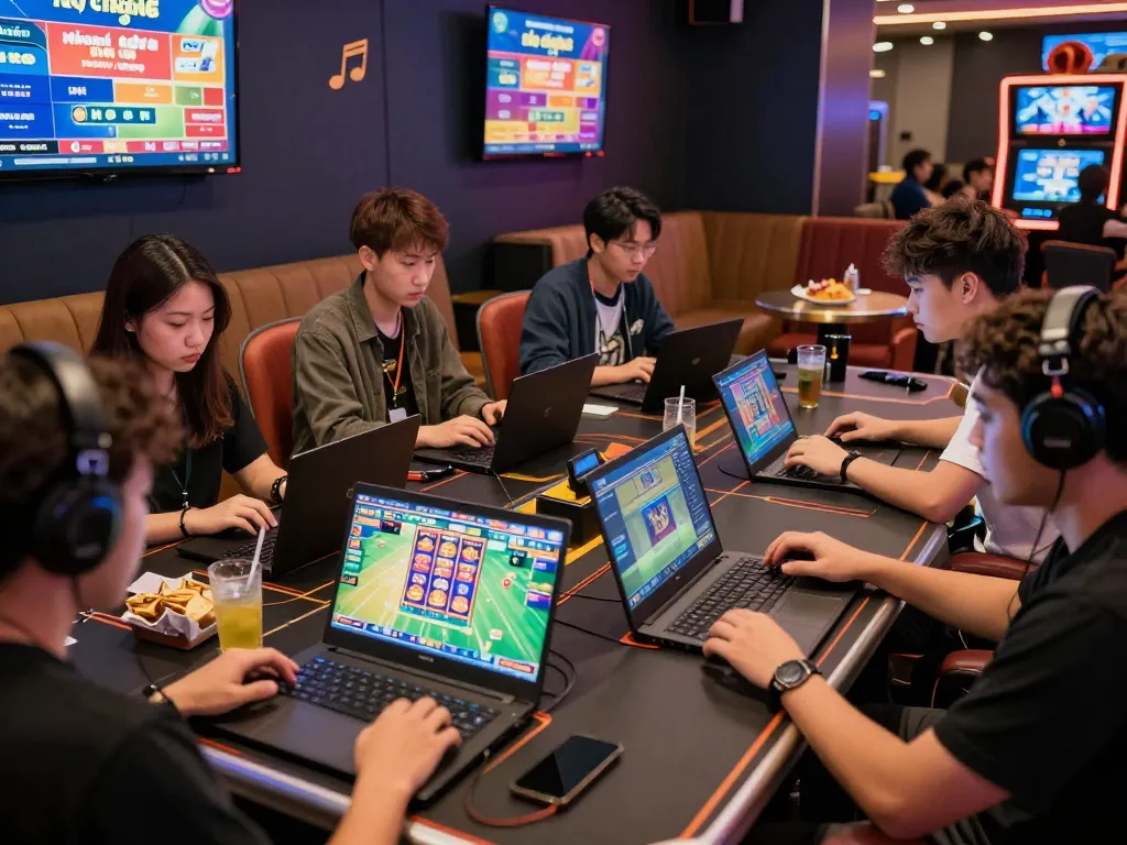 Diverse players enjoying online games at nhà cái o8 in a lively virtual casino atmosphere with engaging game displays.