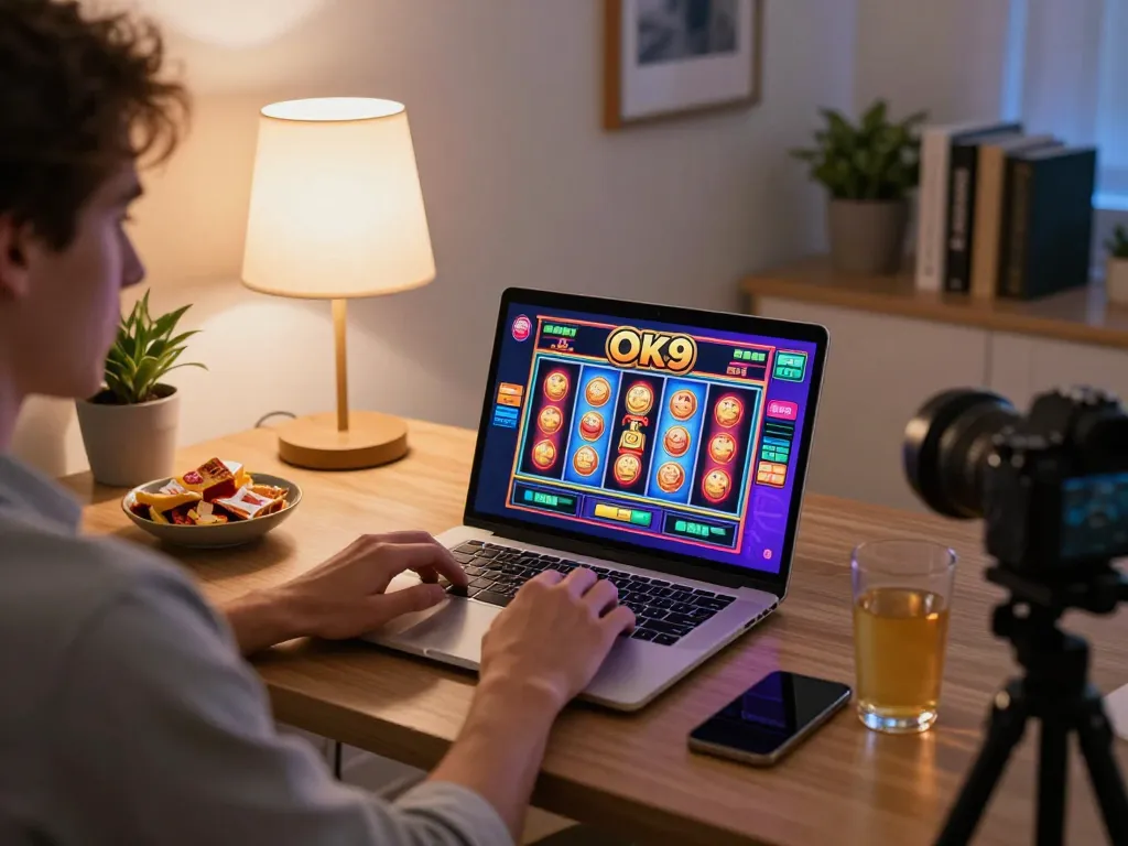 Person playing Ok9 on a laptop in a stylish home office, showcasing online gambling.