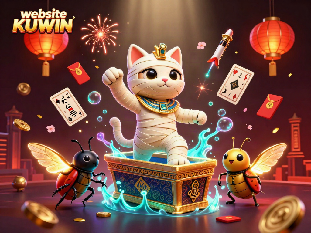 Experience thrilling gameplay at website KUWIN with a vibrant pyramid casino scene featuring a mummy cat and glowing elements.