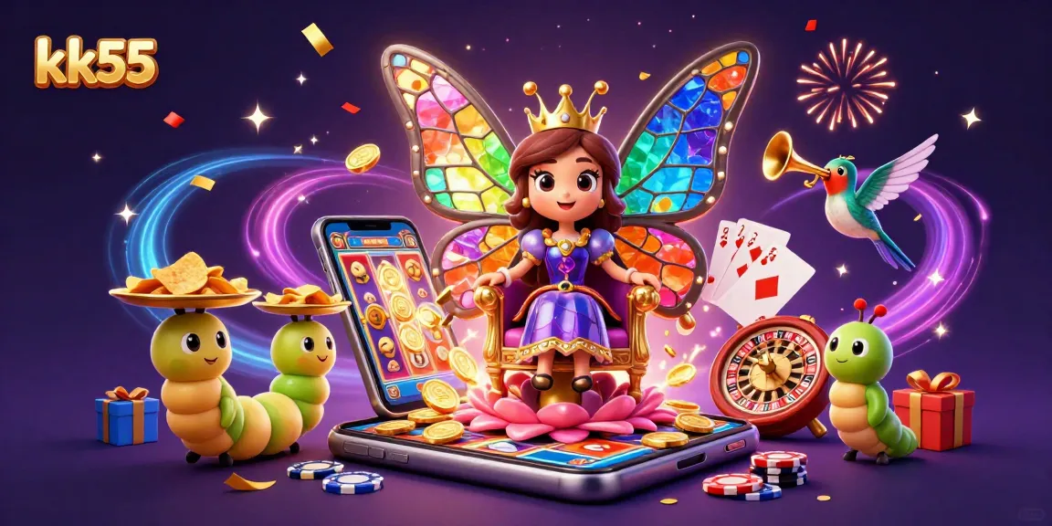 Experience gambling excitement with kk55 - a vibrant scene of a butterfly queen amidst casino elements.